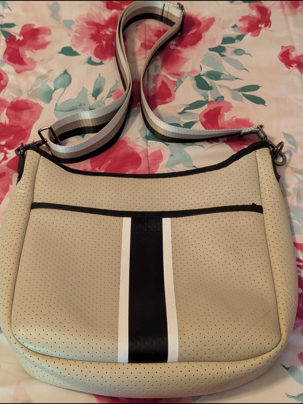 Haute Shore Beige and  Black Neoprene Crossbody Bag